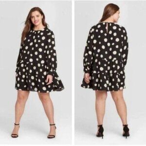 Who‎ What Wear Macro Painted Dot Dress Black Off-White Sheer Sleeves NWT 1X!